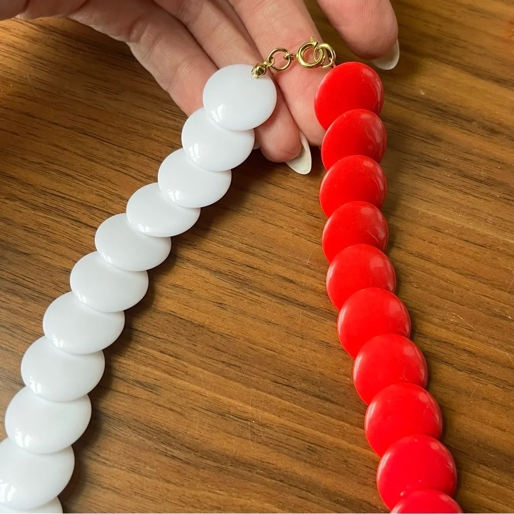 Vintage Cherry Red and Pure White Acrylic Beaded Necklace and Earring Set A1